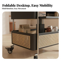 Rattan Accent two-level-level Bar Trolley Foldable Design Side Table Movable Serving Cart Vintage design for Apartment Dwellers, Homeowners, Students, Living Room, Beside Sofa, Bedroom, Kitchen