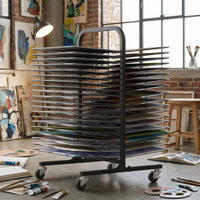 Black Metal Art Drying Rack Swivel Casters Paper Drying Rack Horizontal Shelves Rectangular Frame