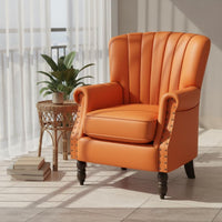Retro Design Studded Single Sofa Nailhead Trim Vintage Design Lounge Chair Solid Wood Legs High Back Armchair Scratch Resistant for Balcony, Bedroom, Home Office, Reading Nook