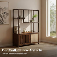 Traditional design Bamboo Tea Console adaptable Use Multi-Compartment Display Rack Space-Saving Storage Furniture Cabinet with Door for Collectors, Homeowners, Living Room, Study, Office, Kitchen