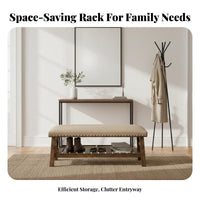 Classic American Design Shoe Rack Bench with Padded Seat Cushioned Top Upholstered Shoe Rack Bench Multi-Functional Storage Furniture Two-Fold Functionality for Homeowners, Families, Seniors, Entryway, Hallway, Mudroom, Living Room