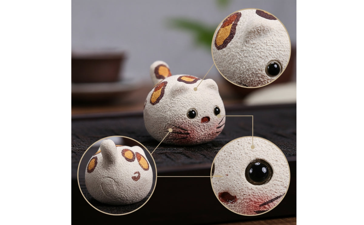 Handmade Cat Tea Pet Hand-Crafted Clay Tea Pet Decorative Figurine Textured for Desk