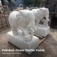 2 Pieces Chinese Gate Pier Elephant Stone White Marble Elephant Statue Traditional Design Outdoor Decoration for Homeowners, Patio, Home Decor