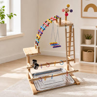 Bird Play Stand with Feeder Cups Wooden Parrot Activity Center Sturdy Avian Gym with Tray for Floor