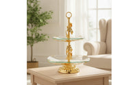 Double-Layer Fruit Stand with Glass Trays Gold-Tone 2-Tier Serving Stand European-Style Ornate for Hosts, Brides, Party, Wedding, Living Room
