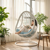 Hanging Swing Chair with Stand Rattan-Style Egg Chair with Stand Floor-Standing for Adults, Readers, Balcony, Backyard, Living Room