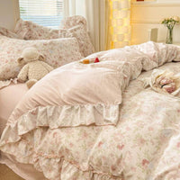 Pure Cotton Korean Design Duvet Cover Set Machine Washable Lace Trim Comforter Cover Set Romantic Princess Design Bedding Breathable for College Students, Teen Girls, Young Adults, Dorm Room, Bedroom