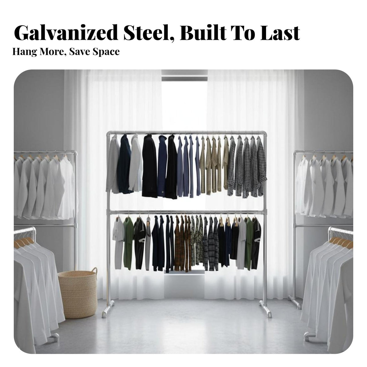 Indoor Outdoor Use Adjustable Height Garment Rack High Weight Capacity Double Rod Clothes Rack Space Saving Freestanding Clothes Organizer Easy Assembly for Homeowners, Boutique Owners, Balcony, Laundry Room, Entryway, Retail Shop