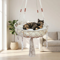Handmade Cat Bed with Macrame Tassel, Boho Hanging Cat Bed and Hammock, Round Indoor Resting Area for Cats, Sturdy Rope with Hoop Support