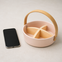 Small Ceramic Snack Serving Platter, Divided Serving Platter with Bamboo Handle, Japanese-Inspired Snack Tray for Entertaining Guests