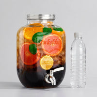 Glass Water Dispenser with Metal Stand, Juice Beverage and Drink Container with Handle and Screw Lid, Party Beverage Dispenser for Home Bar Use