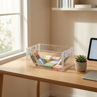 Foldable Storage Basket Stackable Foldable Storage Bin with Handle Transparent Clear Organizer for Cabinet, Closet, Pantry