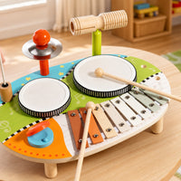 Wooden Music Toy Table Multi-Function Musical Activity Table Early Learning Drum Set with Xylophone Educational for Preschoolers, Kids, Nursery