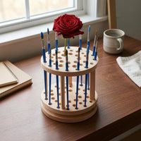 Two-Tier Rotating Brush Holder Natural Wood Finish Wooden Brush Holder Compact Desk Organizer Upright