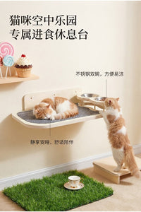 亚马逊猫咪壁挂睡觉吃饭一体台实木家用墙面造景带双食盆猫爬架
