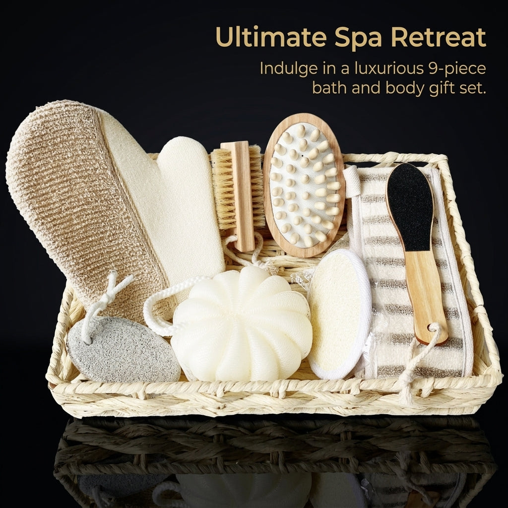 Bath Accessories Set for Adults, 9 Piece Kit with Sponge Ball, Exfoliating Collection for Daily and Gift Giving