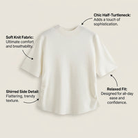 Knit Top for Women with Mock Neck and Ruched Detail, Short Sleeve Sweater in Viscose Blend for Spring Wear, Ribbed Texture Pullover Knitwear