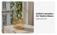 Metal Frame Vase Holder Detachable Design Glass Vase with Metal Stand Versatile Ribbed Glass Flower Pot for Office Desk, Wedding Centerpiece