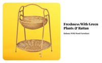 Multi-Purpose 2-Tier Serving Rack Sturdy Woven Tiered Fruit Stand Handwoven Craftsmanship Rattan Design Afternoon Tea Tray Lightweight for Living Room, Parties