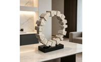 Geometric Circlet Sculpture Travertine-Style Circular Ornament Sculptural Tabletop Decor for Bookshelf, Office Reception