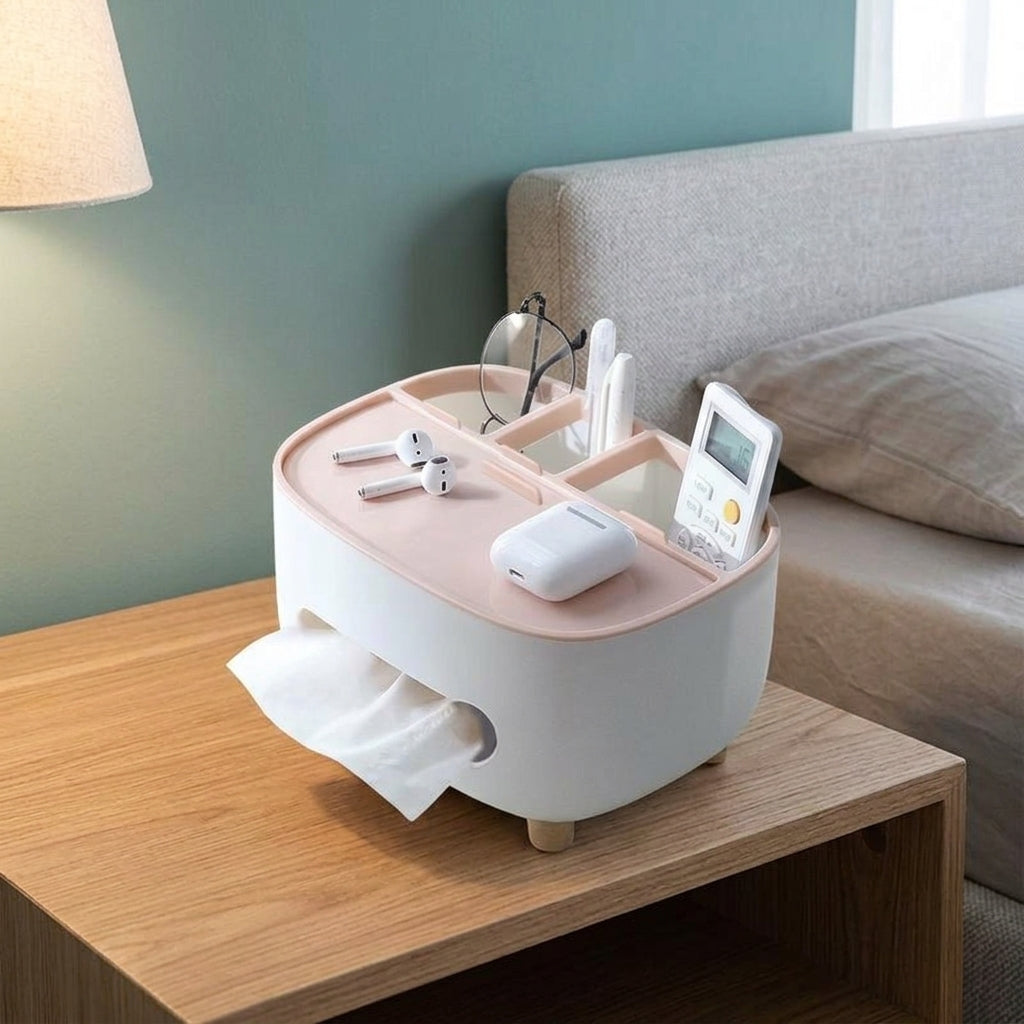 Storage Box for Office Desk and Home Office, Modern Minimalist Tissue Box Holder with 3 Compartments, Multi-purpose Napkin Holder