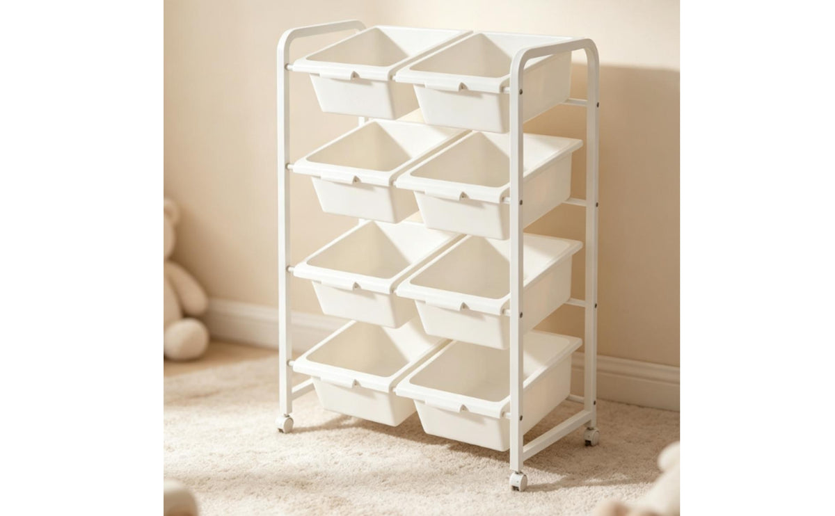 Toy Storage Rack with Bins Child 4-Tier Toy Organizer with Casters Portable Rolling Bin Organizer for Kids, Young Children, Playroom, Children's Room