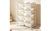 Toy Storage Rack with Bins Child 4-Tier Toy Organizer with Casters Portable Rolling Bin Organizer for Kids, Young Children, Playroom, Children's Room