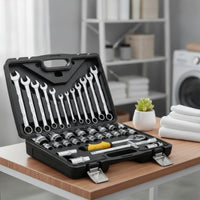 Chrome Finish Socket Set with Case Organized Mechanics Tool Set Portable Tools Compact for DIYers, Homeowners, Beginners, Home Repair, Garage, Car Trunk, Workshop