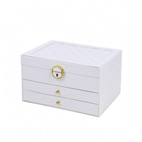 PU Leather Three-Layer Jewelry Box Geometric-patternedQuilted Hard-Shell Jewelry Case Pull-out Drawers Gold-Tone
