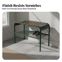 Modern Design Slatted Seat Stool with Wire Shelf Sturdy Frame Storage Bench Polished Finish Shoe Organizer Easy to Assemble for Homeowners, Families, Apartment Dwellers, Entryway, Hallway, Mudroom, Bedroom
