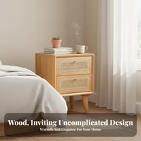 Modern Minimalist Nightstand with Woven Drawer Nordic design Rattan Drawer Cabinet Japanese Inspired End Table Space-Saving Design for Apartment Dwellers, Homeowners, Students, Beside Bed, Living Room, Small Spaces, Next to Sofa