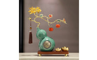 Gold-Tone Gourd Ornament with Wooden Base Traditional Ceramic Gourd Artisanal Statue Glossy for Homeowners, Living Room, Housewarming