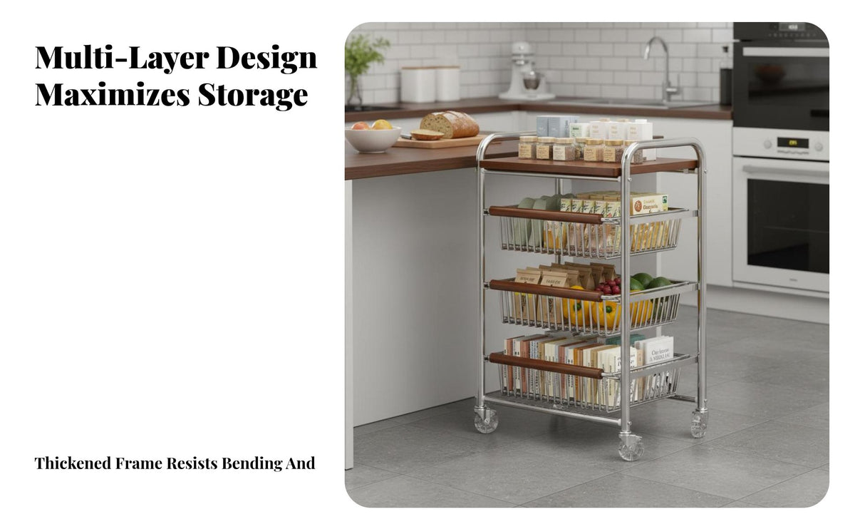 Large Capacity Multi-Tier Rolling Cart Sturdy Construction Kitchen Storage Trolley Anti-Rust Frame Rolling Storage Cart Detachable Top Tray for Homemakers, Homeowners, Apartment Dwellers, Living Room, Bedroom, Bathroom, Away Ice