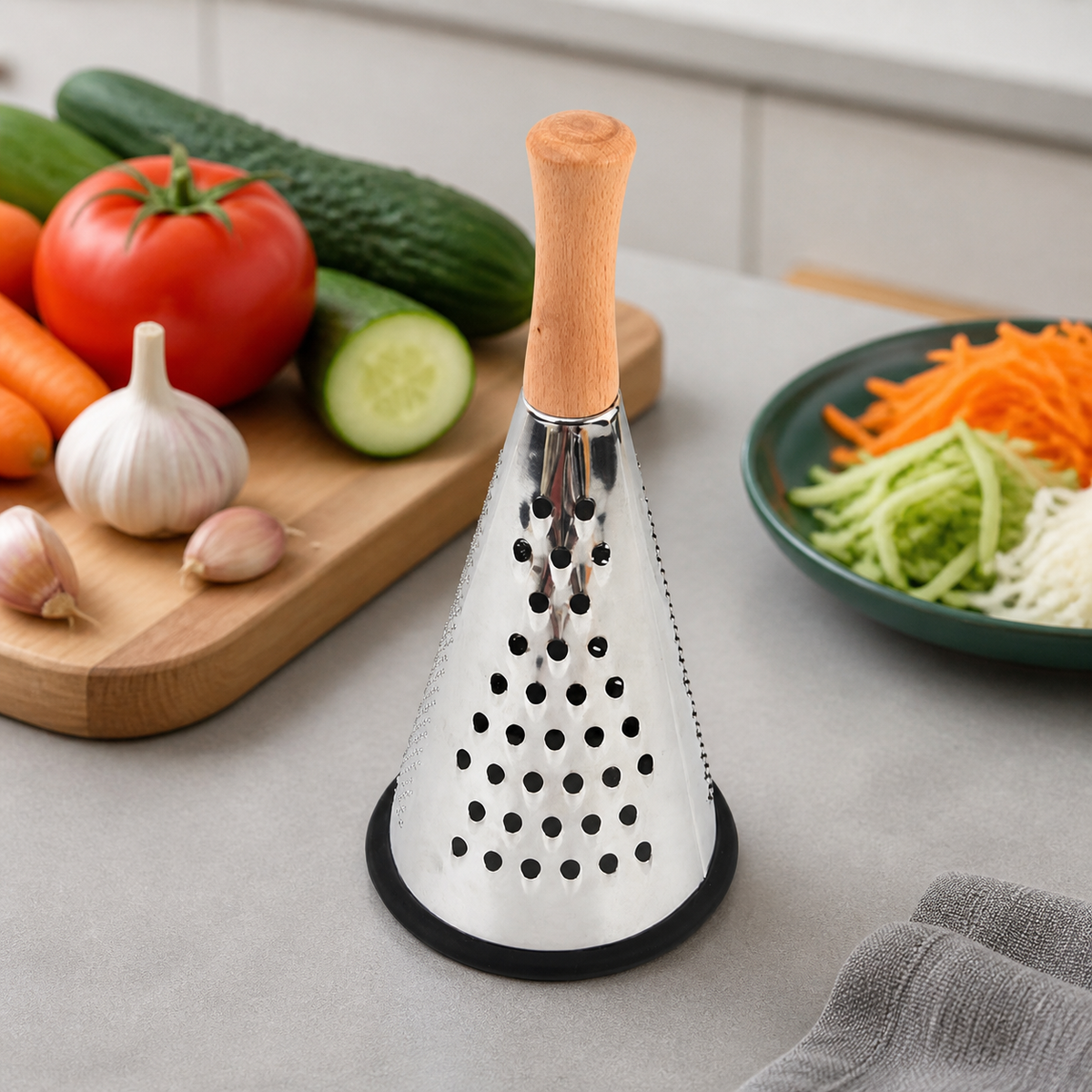 Stainless Steel Conical Grater, 9 Inch Conical Cheese Grater with Wood Handle, 3 Sided for Vegetables & Cheese, Fine Coarse Shredding Slicing Tool