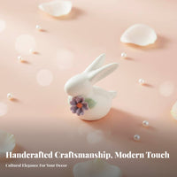 Light Luxury Accent Bunny Ornament with Flower Premium Craftsmanship White Porcelain Bunny Statue Elegant Design for Desktop, Car Dashboard