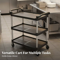 Multi-Functional 3-Tier Bussing Cart High Load Capacity Restaurant Dish Collecting Trolley Sturdy and Sturdy Plastic Rolling Cart with Bins Lockable Wheels for Hotel Employees, Warehouse Workers, Mechanics, Cafeteria, Dining Hall, Garage, Workshop