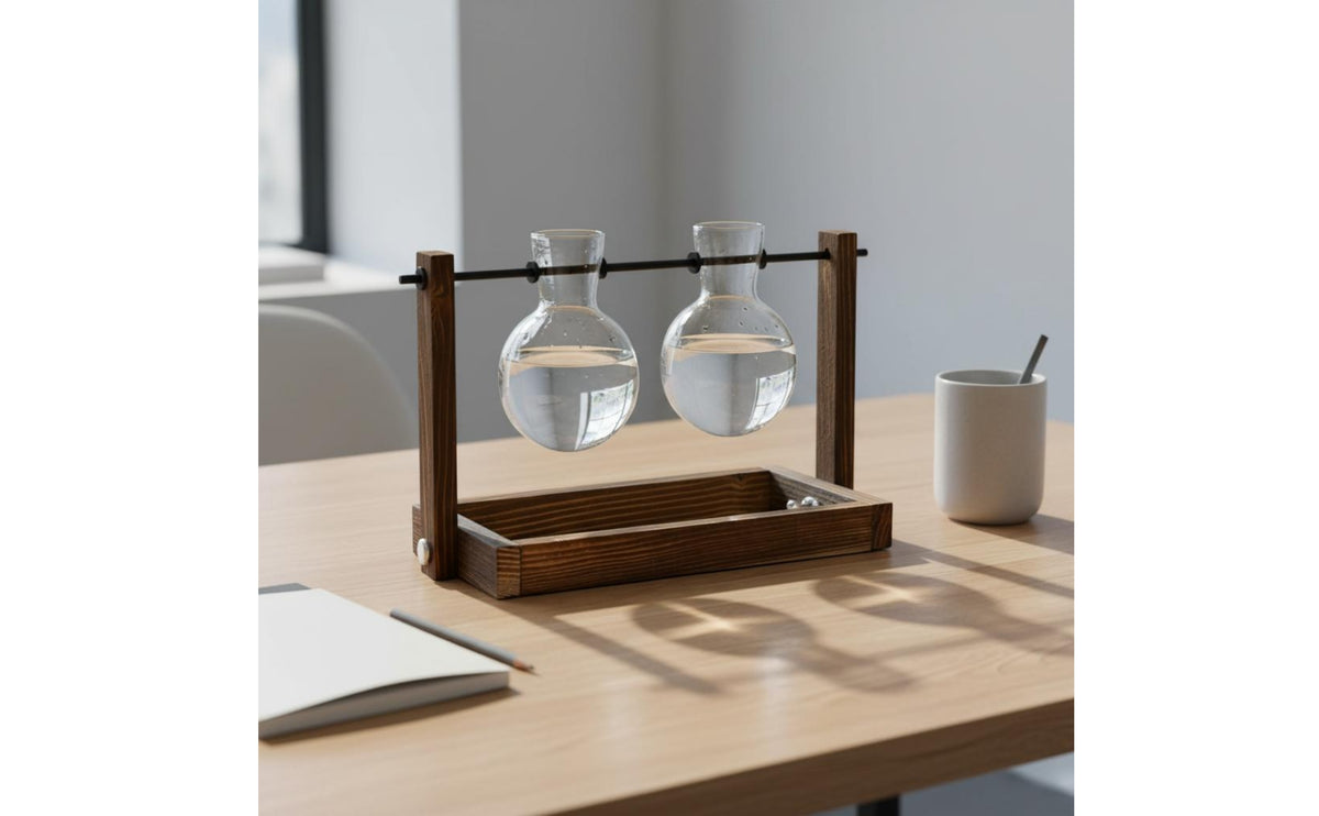 Natural Wood Hydroponic Vase with Wooden Stand Easy Root Observation Test Tube Flower Vase Minimalist Design Desktop Glass Planter Great Gift Idea for Living Room, Office, Windowsill, Bookshelf