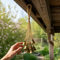 Woven Rattan Hoop Wind Chime with Bells for Garden Patio Home Decor