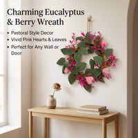 Eucalyptus Spring Door Wreath, 25cm Rattan Front Door Wreath, Artificial Faux Floral for Home Exterior, Pale Red Mixed Berries