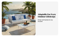 Weather Resistant Cushioned Lounge Ensemble Long-Lasting Frame Woven Strap Sofa Set Protected Outdoor Furniture Water for Hospitality Businesses, Homeowners, Families, Courtyard, Balcony, Resort, Backyard
