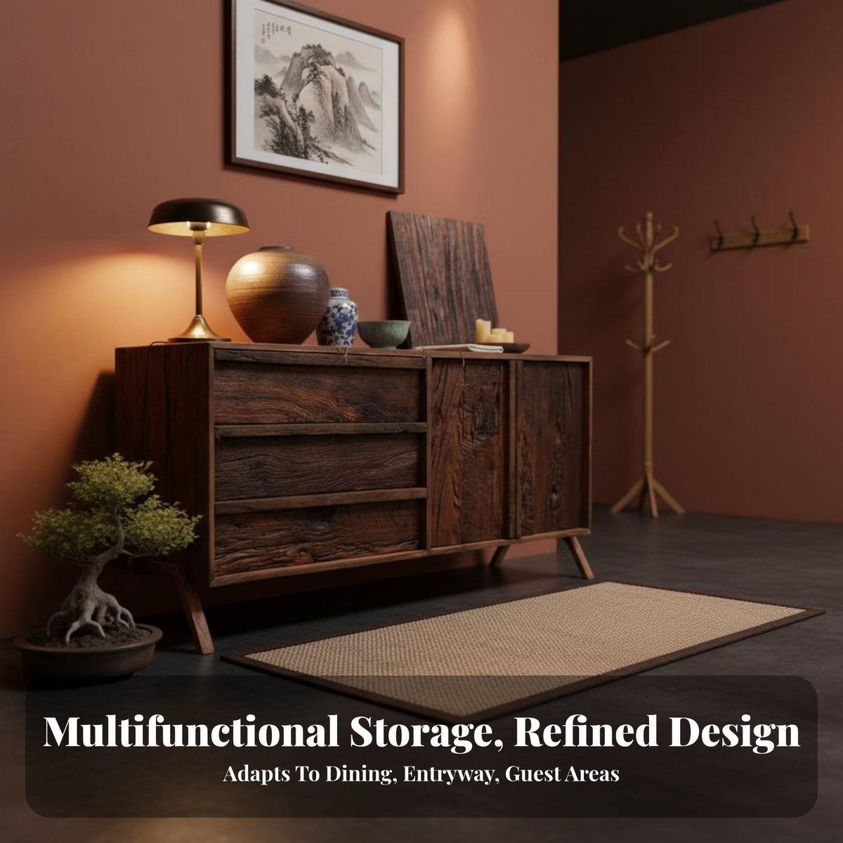 Timeless Rustic Design Cabinet Retro Design Solid Wood Buffet Cabinet Handcrafted Vintage Entryway Console for Homestay Managers, Adults, Hallway