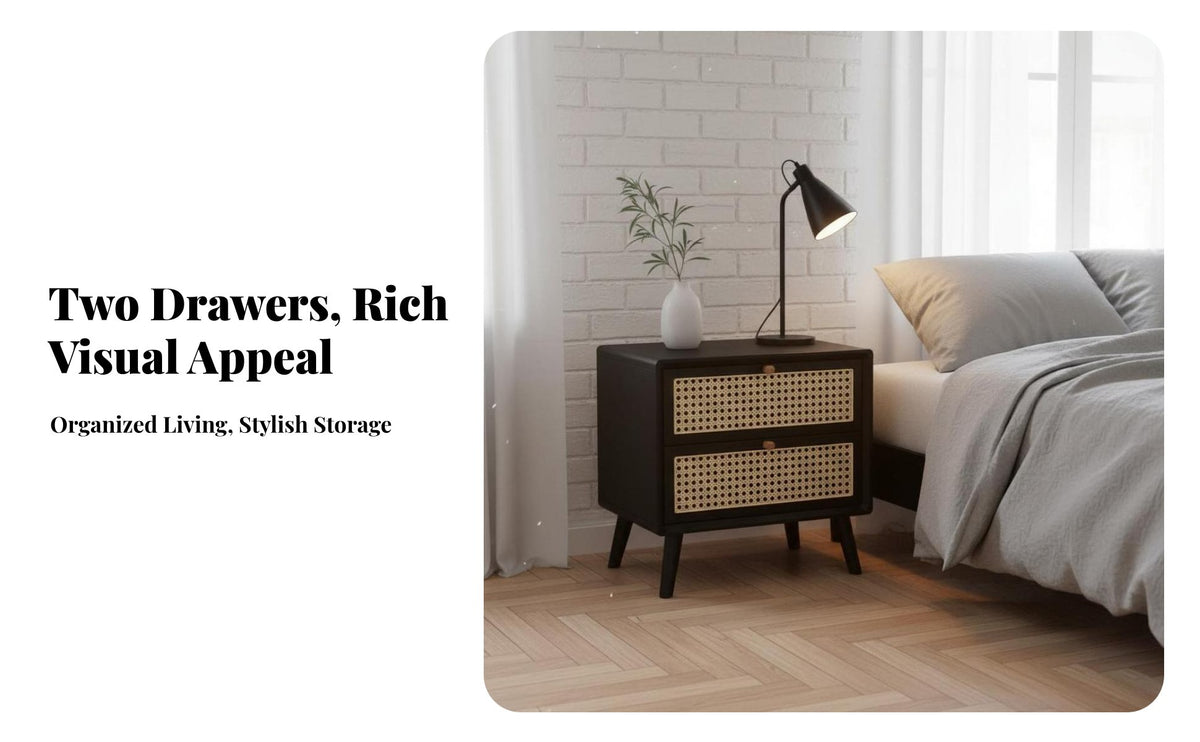 Nordic design Rattan Drawer Nightstand sturdy Wood Construction Rattan-Front End Table Minimalist Design Bedside Cabinet space-saving Size for Apartment Dwellers, Homeowners, Renters, Guest Room, Small Spaces, Hallway