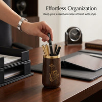 Pen Organiser for Desk Organization, Solid Ebony Wooden Pencil Pot Stationery Holder, Round Desktop Storage for Students and Offices