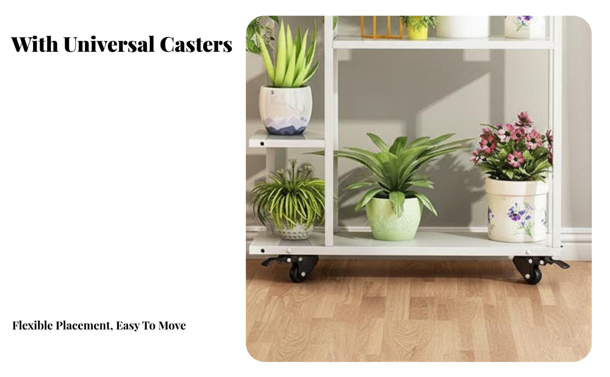 With Wheels Multi-Tier Rolling Plant Shelf Decorative Design Multi-Tier Rolling Display Rack Long-Lasting and Stable Flower Pot Holder Easy Assembly for Gardeners, Apartment Dwellers, Homeowners, Balcony, Indoor, Living Room, Home Office