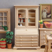 Vintage Design Wooden Dollhouse Sideboard Functional Drawers and Doors Dollhouse Cabinet Unpainted Wood Miniature Hutch for Collectors