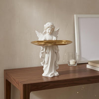 Praying Angel Figurine White Finish Angel Tray Holder Small Item Tray Statue Gold Toned Tabletop