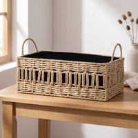 Braided Container Basket with Handles Rectangular Braided Straw Basket with Lining Stylish for Closet