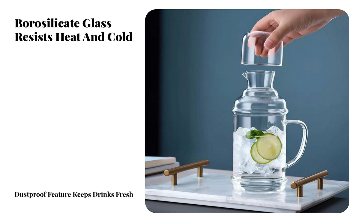 Hot and Cold Use Glass Pitcher with Cup Lid Heat Resistant Glass Carafe with Tumbler Lid Large Capacity for Guests, Homeowners, Home, Office