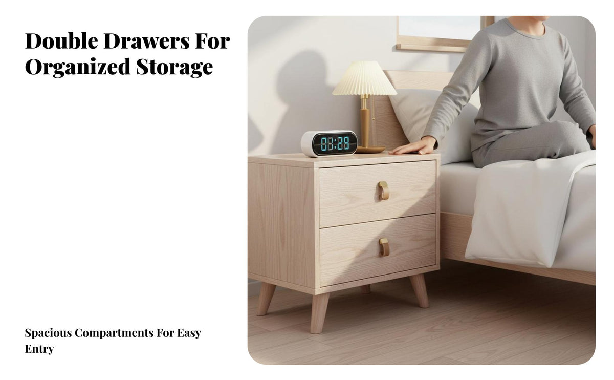 Simple Modern Design 2-Drawer Wooden Cabinet Effortless Sliding Drawers Nightstand Large Capacity Storage Bedside Table Stable Structure for Couples, Adults, Homeowners, Guest Room