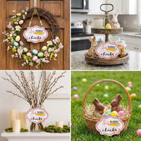 Easter Decorations, Happy Easter Hanging Sign, Beaded Easter Door Hanger Farmhouse Aesthetic Wooden Easter Decoration Handcrafted Plaid Border Hanging Sign for Families, Porch, Mantelpiece